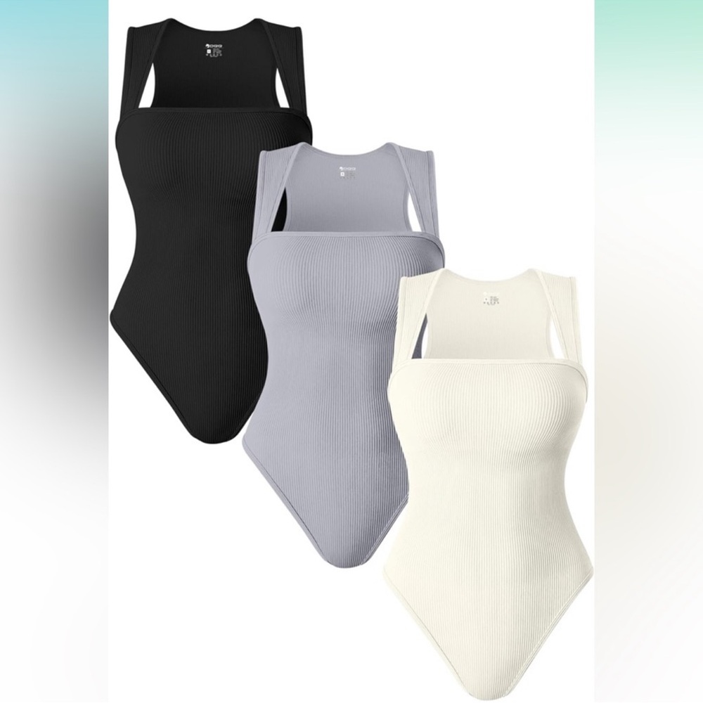 Ribbed Square Neck Tank Bodysuit - Black, Light Gray, Cream